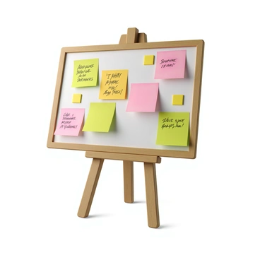 An illustration board stands upright with several colorful sticky notes attached to its surface. The sticky notes are in various shades, including yellow, pink, and green, and display handwritten feedback and suggestions in black ink. Some notes contain positive comments, while others include constructive criticism. The board itself has a wooden frame, and the background is neutral, allowing the vibrant colors of the sticky notes to stand out prominently. The overall composition showcases a dynamic and interactive environment for creative ideas.