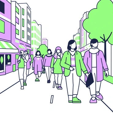 A busy street is filled with people walking in various directions. The individuals are wearing protective masks, carefully designed to shield them from pollution. Each person has a unique outfit; some wear jackets and others have scarves wrapped around their necks. The street is lined with tall buildings, and various shops can be seen along the sides. Some pedestrians are engaged in conversation, while others are looking at their phones. There are a few trees along the sidewalk, adding a touch of greenery to the urban scene.