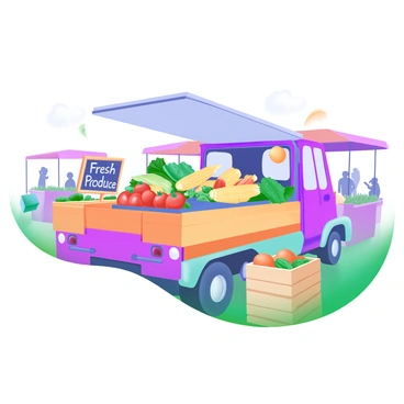 A modern pastel illustration of a vibrant truck with its back open, showcasing an array of fresh produce at a farmer's market. The truck is painted in bright colors, and the produce includes colorful fruits and vegetables such as red tomatoes, bright yellow corn, leafy greens, and fresh oranges. Surrounding the truck are wooden crates filled with more produce, along with a small chalkboard sign displaying "Fresh Produce" in white letters. The scene is lively, with people browsing and interacting with the market stalls in the background.