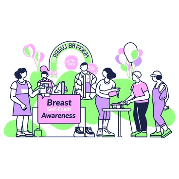 A charity event scene is taking place outdoors in a park setting. In the foreground, a group of diverse participants, including men and women of various ages, are gathered around a colorful booth decorated with banners that say "Breast Self-Exam Awareness." One woman is demonstrating the self-exam technique using a model, while several attendees watch attentively. Nearby, another participant is distributing pamphlets and educational materials at a table. In the background, there are balloons and a banner arch, along with a small stage where a speaker is discussing the importance of awareness and prevention. The atmosphere is lively as people engage in conversations and activities related to health education.