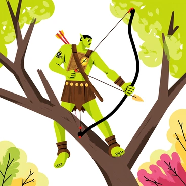 An agile orc archer with green skin and muscular build is perched on a thick tree branch, focused intently on his target. He is wearing leather armor adorned with small pouches for arrows. His bow, made of dark wood, is drawn back as he aims an arrow straight down towards the forest floor. Surrounding him are large, leafy branches and vibrant foliage, creating a natural backdrop. The sunlight filters through the leaves, casting dappled shadows on the orc as he prepares to release the arrow.