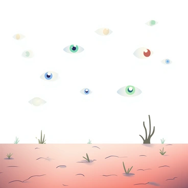 A barren landscape stretches across the scene, with dry, cracked earth and sparse, brown vegetation. In the sky above, numerous pairs of "floating eyes" hover, each featuring different colors of irises, including blue, green, and brown. The eyes are round and appear to be watching the ground below, reflecting a faint glimmer of light. Shadows are cast by the eyes onto the desolate earth, creating a stark contrast with the muted tones of the landscape. The atmosphere is still, with no signs of movement in the environment.