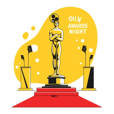 An illustration of a film award statue in a shiny gold finish, standing tall on a red carpet. The statue features a classic design, with a figure holding a film reel above its head. The red carpet is rolled out, leading up to the statue, with elegant folds and shadows showing its plush texture. Surrounding the carpet are flashes from cameras capturing the moment, and a backdrop with "Awards Night" displayed in large letters.