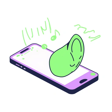 A giant ear is emerging from a smartphone, which is lying flat on a surface. The ear has a detailed anatomical structure, showcasing curves and ridges. The smartphone is sleek and modern, with a glowing screen that seems to illuminate the ear. The ear is positioned as if it is listening intently, with a slight tilt towards the device. Surrounding the smartphone, there are small sound waves illustrated in a wavy pattern, emphasizing the act of listening. The overall composition is focused on the interaction between the ear and the smartphone.