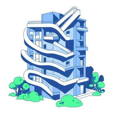 An apartment building features a unique design with flowing, wavy lines along its façade. The building has multiple slanted balconies, some extending outwards and others recessed into the structure. Each balcony is adorned with a railing that follows the undulating shape of the building. The overall appearance is dynamic, as the waves create a sense of movement and modernity. The surrounding area is landscaped with green plants and small trees, adding a touch of nature to the architectural features.
