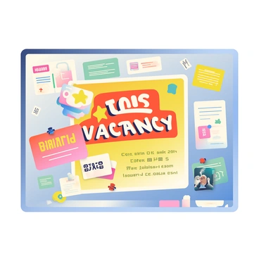 A bulletin board is covered with various colorful flyers and notes. At the center, a bright poster announces a job vacancy. The poster features bold, eye-catching lettering that reads "Job Vacancy" in large font, surrounded by colorful graphics like stars and arrows. Below the main text, there are details about the position, including job title and contact information, displayed in smaller text. The background of the poster is a vibrant gradient, transitioning from yellow to orange. There are several push pins securing the corners of the poster to the board, with a few other flyers slightly overlapping it. The overall scene is lively and engaging, filled with a mix of colors and textures.
