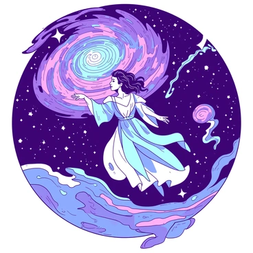 A duotone illustration features a figure representing "Lucifer" elegantly traveling through a vast cosmic expanse. The figure is surrounded by swirling, vibrant galaxies that showcase intricate patterns and luminous stars. Each galaxy exhibits a different formation, with some spiraling outward while others create a dynamic dance of colors. The backdrop is filled with an infinite depth of space and distant celestial bodies, creating a sense of movement and wonder. "Lucifer" is depicted with flowing robes that seem to merge with the cosmic elements, suggesting a harmony with the universe around.