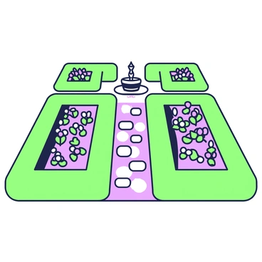 A symmetrical garden with perfectly trimmed hedges is arranged in a precise geometric layout. The hedges are shaped into uniform rectangles, creating a neat boundary that frames the garden. In the center, there are identical flower beds, each filled with a variety of flowers planted in organized rows. Each flower bed is surrounded by a small path made of stepping stones, leading to additional sections of the garden. At the far end of the garden, a decorative fountain is positioned, adding an element of elegance to the scene. The overall design emphasizes balance and harmony in the arrangement of plants and pathways.