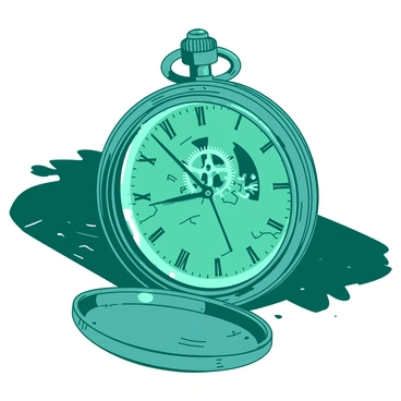 A teal pocket watch has a cracked glass face, revealing intricate gears inside. The watch hands are frozen in place, pointing directly at midnight. The metallic casing of the watch reflects light with a slight sheen. In the background, there are hints of shadows, suggesting an old wooden surface on which the watch is resting. The cracks in the glass create a web-like pattern, adding to the watch's aged appearance.