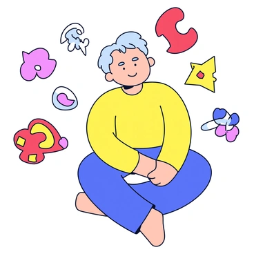 A person with closed eyes, sitting peacefully. The individual has soft features and a serene expression. Surrounding this person are vibrant colored shapes, including swirling circles, sharp triangles, and flowing lines. Each shape varies in size and color, representing diverse memories and feelings. The colors range from bright reds and yellows to calming blues and greens. The shapes are arranged in a dynamic composition around the person, creating a sense of movement and emotion.