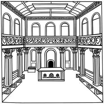 An old courtroom with high ceilings and wooden beams is filled with intricate woodwork details. The gallery features elaborately carved wooden railings, showcasing floral and geometric patterns. Large, ornate columns with detailed carvings line the sides of the room, supporting the upper structure. Wooden benches with intricate designs are arranged for spectators, while a grand wooden judge’s bench sits at the front, adorned with elaborate motifs. Sunlight streams through tall, arched windows, casting patterns on the wooden floor.