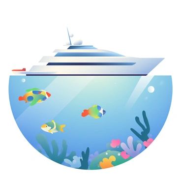 A large white yacht is anchored on calm, clear water. The yacht has a sleek design with multiple decks and a small tender boat attached at the back. Below the surface, various vibrant marine life is visible, including a school of colorful fish in shades of blue, yellow, and orange swimming in tandem. A sea turtle glides gracefully nearby, and a coral reef is visible in the distance, showcasing its intricate shapes and bright colors. Sunlight filters through the water, illuminating the scene with soft rays.