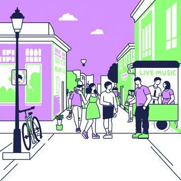 A city street is filled with people walking and chatting. The buildings lining the street are adorned with glowing signs that say "Open" and "Live Music" in bold lettering. A group of friends stands near a food cart, enjoying tacos. To the left, a couple takes a selfie with a colorful mural in the background. A bicycle is parked against a lamppost with a small flower pot at its base. The night sky is visible above, with a few clouds drifting by.