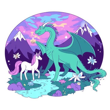 A collection of mythical creatures is gathered in a vibrant mystical landscape. In the foreground, a majestic dragon with shimmering teal scales unfurls its wings, while a graceful unicorn with a glowing white horn stands beside it. Nearby, a mischievous fairy with delicate wings flits amongst colorful flowers that dot the ground. In the background, a towering mountain range looms under a swirling sky filled with rich hues. A sparkling river winds through the scene, reflecting the energy of the gathering as the creatures interact with each other in harmony.