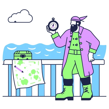 A pirate is standing on the deck of a ship, holding a compass in his right hand. He has a rugged appearance, with a bandana tied around his head and a beard. He is wearing a long coat with ornate buttons and boots. The pirate is intently looking at the compass, which is pointing in different directions, while the open sea stretches out behind him. In the background, there are rolling waves and scattered clouds in the sky, emphasizing the uncharted waters. A treasure map is spread out on the wooden railing beside him, partially obscured by a small chest. The pirate's expression is focused as he plots a course through the unknown.