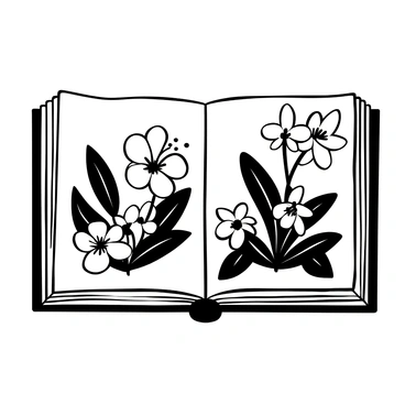A black-and-white illustration of a flower book opened to a page filled with detailed illustrations of tropical flowers. The page prominently features "hibiscus" with large, intricate petals, surrounded by lush leaves. Next to it, there are elegant "orchids" with delicate shapes and patterns, also surrounded by graceful foliage. The background of the book displays ornamental borders that enhance the botanical theme, and the pages of the book have visible textures, indicating fine paper.