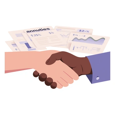 A digital flat illustration depicting two hands clasping in a handshake in the foreground. The hands are diverse, with one being light-skinned and the other being dark-skinned. In the background, there are financial documents prominently featuring the word "annuities" in bold text. The documents are scattered and stacked, showing various graphs and numbers related to finance. The color scheme is neutral, with the documents in white and gray tones, contrasting with the skin tones of the hands.