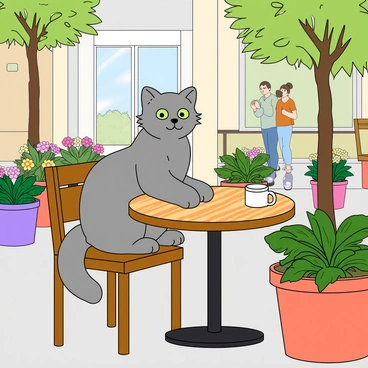 A fluffy gray cat with bright green eyes is sitting on a wooden chair at a small round table in a cozy outdoor café. The cat's tail is curled around its body, and it has one paw resting on the table. It is gazing intently at the people walking by, with a curious expression on its face. Surrounding the café are various colorful flower pots filled with blooming plants. There is a gentle breeze that causes the leaves on nearby trees to rustle softly. A coffee cup sits on the table next to the cat, and a patterned tablecloth adds a cheerful touch to the scene.
