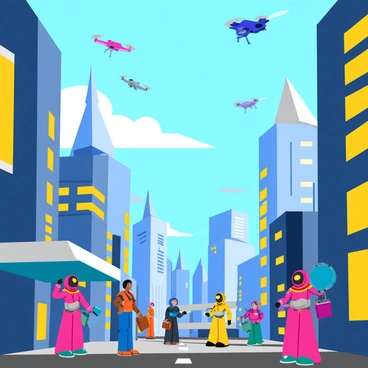 A futuristic city inhabited by robots. The skyline features mechanical buildings with sleek, metallic surfaces and intricate designs. Various flying drones zip through the sky, reflecting sunlight as they navigate between the buildings. The streets below are bustling with robot citizens, each with unique shapes and colors, some interacting with their environment. Bright lights and neon colors illuminate the scene, giving the city a lively atmosphere.