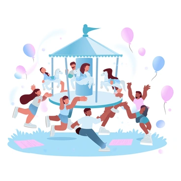 A group of children is joyfully playing around a brightly colored carousel that is in motion. The carousel features multiple ornate horses painted in vibrant hues, with their legs lifted as if galloping. Surrounding the carousel are balloons in assorted shapes and colors, floating above the children's heads. The ground is covered with soft grass, and a few colorful picnic blankets are spread nearby. The scene is filled with laughter and the vivid colors of the carousel and the children's clothing create a lively atmosphere.