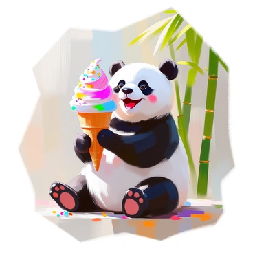 A cute panda with black and white fur is sitting upright, happily holding a colorful ice cream cone in its paws. The panda has a playful expression, with its large eyes sparkling with joy. A tiny bit of ice cream is smudged on its black nose, adding to the playful scene. The ice cream cone is topped with a swirl of vibrant pink and white ice cream, with colorful sprinkles scattered on top. The background features soft green bamboo leaves, enhancing the panda's cheerful demeanor.