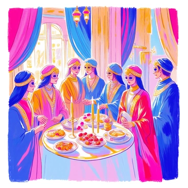An Arabian-themed masquerade takes place in a grand hall adorned with colorful drapes and lanterns. The guests are wearing "jeweled masks" that reflect the light, each mask featuring intricate designs and vibrant gemstones. They are dressed in "flowing robes" made of rich fabrics, showcasing a range of colors like deep blues, golds, and reds. Some guests are adorned with "golden accessories" such as intricate bracelets and necklaces. The atmosphere is lively as people mingle, and there are "tables filled with ornate dishes" and "delicate sweets" scattered throughout the venue. Tall candles flicker on the tables, casting a warm glow across the scene.