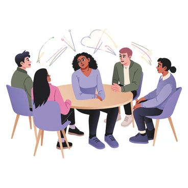 A digital flat illustration depicting a person sitting in a circle of four individuals engaged in a group discussion. The person in focus is a young woman with medium skin and curly black hair, wearing a light blue sweater and dark jeans. She is leaning slightly forward with a thoughtful expression, with her hands resting on her knees. The three other individuals around her are two men and a woman, each with different appearances, engaged in conversation. Visual focus lines in vibrant colors radiate towards the woman, emphasizing her attentive listening position. The background includes simple outlines of chairs and a table, with minimal distractions.