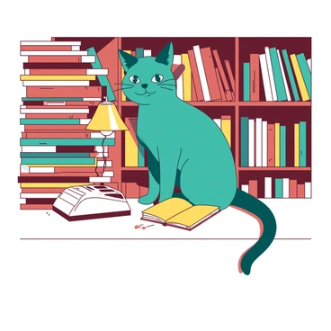 A teal curious cat is sitting atop a white cashier's counter in a bookstore. The counter is cluttered with various colorful books stacked in piles. Behind the cat, shelves filled with books of different sizes and colors create a cozy atmosphere. A small white cash register is positioned on the counter, and the cat looks attentively at a bright yellow book that is slightly open beside it. The warm light from a nearby lamp casts soft shadows, adding depth to the scene.