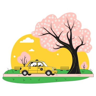 A park scene featuring a single taxi cab parked on a pathway. The taxi is yellow with a black roof, positioned neatly beneath a large cherry blossom tree filled with blooming flowers. The branches of the tree extend outwards, with delicate pink petals cascading down gently. A green lawn surrounds the area, with a few scattered benches nearby. In the background, there are additional trees and a clear sky above, creating a tranquil atmosphere.
