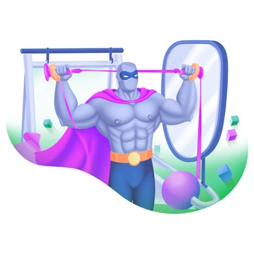 A superhero character with a muscular build is performing face pull exercises in a modern gym setting. The superhero wears a vibrant costume, featuring a cape flowing behind them and a mask covering their eyes. They are gripping a resistance band anchored at shoulder height. The character focuses intently on the exercise, pulling the band towards their face with their elbows high. Surrounding them are gym equipment, including dumbbells and a stability ball, creating an energetic and motivational atmosphere. The floor is made of rubber mats, and a large mirror reflects the superhero's determined expression.