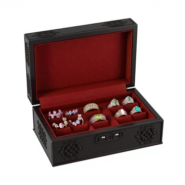 An open jewelry box made of dark wood with intricate carvings on the exterior. Inside, a soft velvet lining in a deep red hue cushions a collection of sparkling necklaces and rings. The necklaces are made of silver and gold, adorned with various gemstones that reflect light in a dazzling array of colors. The rings, featuring elegant designs with both precious and semi-precious stones, are displayed prominently in the box. Some necklaces are draped gracefully over the edges of the box, while the rings rest neatly in designated compartments.