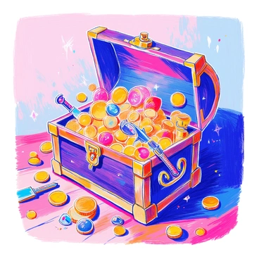 An open treasure chest is positioned on a wooden surface. The chest is overflowing with "gold coins," "sparkling jewels," and "ancient artifacts" like "ornate goblets" and "intricately designed daggers." The coins glisten under a soft light, while the jewels reflect various vibrant colors. The chest itself is made of dark wood, adorned with brass accents and intricate carvings. Around the chest, there are scattered coins and artifacts, enhancing the sense of abundance and discovery.