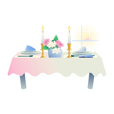 A cozy dinner table set for two is positioned in a warm, inviting room. The table is covered with a soft, white tablecloth, and there are two elegant place settings featuring matching plates and cutlery. Each setting includes a folded cloth napkin artfully placed beside the plate. Two tall candles in ornate holders are placed at the center of the table, their flames flickering gently and casting a soft glow on the surroundings. A small vase with fresh flowers, including soft pink roses and white daisies, adds a touch of color to the table. In the background, there is a subtle hint of a softly lit room enhancing the intimate atmosphere.