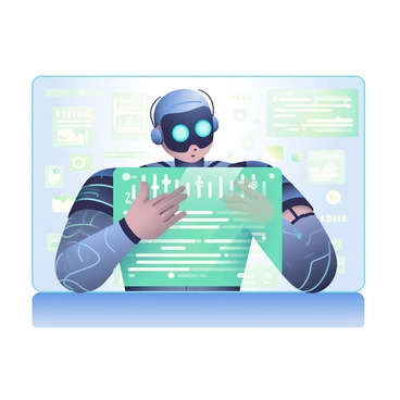 A futuristic AI character with a sleek, metallic appearance is positioned in the center of the panel, its luminous blue eyes focused intently on a holographic display in front of it. The display emanates bright green and white lines of complex digital code, with various symbols and graphics floating around. The AI character has intricate circuitry patterns running along its arms and face, and its hands are raised, gesturing towards the digital code as if dissecting it. The background features a softly glowing digital environment filled with abstract shapes and data streams, enhancing the atmosphere of technological advancement.