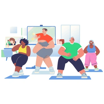 A group of five people is participating in a virtual aerobics class at home. Each person is in their own living room, with a large video screen displaying a fitness instructor leading the session. The first person, a woman with curly black hair, is wearing a bright yellow tank top and black leggings, energetically following the instructor's moves. The second person, a man with a shaved head, is wearing a red t-shirt and gray shorts, also actively engaged in the workout. 

The third participant, a woman with long brown hair tied in a ponytail, is dressed in a blue sports bra and matching leggings, smiling as she follows along. To her right, a man with glasses is wearing a green sweatshirt and black joggers, slightly out of breath but keeping pace. The last participant, an older woman with short gray hair, is wearing a purple tank top and light pink sweatpants, enthusiastically participating.