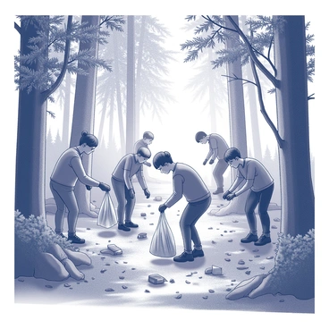 A group of volunteers is actively engaged in picking up trash in a dense forest. The volunteers are dressed in casual outdoor clothing, wearing gloves and using trash bags. They are surrounded by tall trees with thick trunks and lush green foliage. Some volunteers are bent down, carefully collecting litter from the ground, while others are standing and inspecting their surroundings for more trash. Sunlight filters through the canopy, creating dappled patterns on the forest floor, where a mix of leaves, twigs, and scattered debris is visible. The atmosphere conveys a sense of teamwork and environmental stewardship.