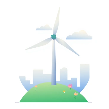 A tall wind turbine with white blades is positioned on a green hilltop, rotating gently in the breeze. The turbine stands against a clear blue sky dotted with a few fluffy white clouds. Below the hill, there are patches of lush grass and small wildflowers scattered across the landscape. In the distance, a faint view of a city skyline is visible, symbolizing the reduction of carbon dioxide emissions. A soft light illuminates the scene, highlighting the turbine as a beacon of renewable energy.