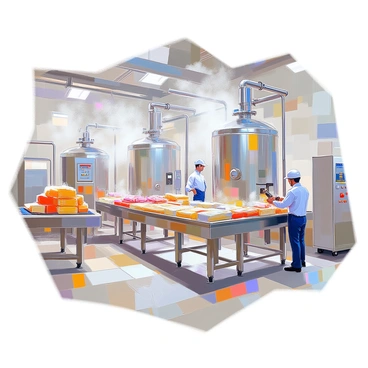 An industrial food processing plant interior showcasing various machinery involved in the pasteurization process. Central to the scene are multiple heat exchangers, gleaming with stainless steel surfaces and intricate piping. Steam and condensation are visible, indicating the heat exchange process in action. Surrounding the heat exchangers are large storage tanks filled with liquids, and conveyor belts transporting packaged food items. Bright overhead lighting illuminates the workspace, highlighting the clean, organized environment essential for food safety standards. Workers in uniforms are efficiently monitoring the machinery and checking quality control.
