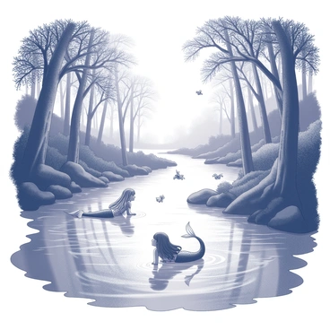 A river with clear water flowing through a dense forest. The banks of the river are lined with tall trees, their leaves creating a canopy overhead. Various mythical creatures can be seen swimming in the water, such as a graceful mermaid with flowing hair, a shimmering water nymph, and a tiny, winged sprite fluttering above the surface. The sunlight filters through the branches, casting intricate patterns of light and shadow on the water, enhancing the magical atmosphere of the scene.