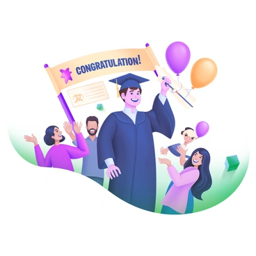 A proud parolee is standing confidently, holding their certificate in one hand. They are dressed in a dark blue graduation gown with a matching cap. Their expression is joyful and determined. Around them are colorful balloons and a small group of supportive friends and family members, some clapping and others smiling broadly. In the background, a banner reads "Congratulations Graduates!" in bold, cheerful letters.