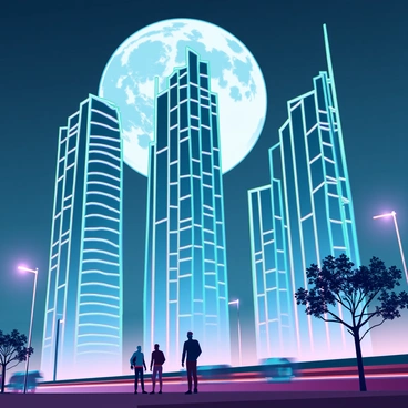 A modern city skyline with tall, sleek skyscrapers made of glass and steel. The buildings are reflecting the bright, silvery light of a full moon positioned high in the night sky. Streets below are bustling with small vehicles and pedestrians, their silhouettes outlined against the illuminated architecture. In the foreground, there are contemporary street lamps casting a warm glow, while a few trees with leaves rustling in a gentle breeze add a touch of nature to the urban scene. The overall atmosphere conveys a vibrant, active city life under the enchanting light of the moon.