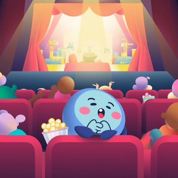 A single cell with a round shape and bright blue color is sitting in a plush red velvet theater seat, surrounded by dimly lit surroundings. The cell has small, animated eyes and a mouth that expresses excitement as it watches the stage. The stage is illuminated with warm golden lights, showcasing a dramatic performance. The backdrop features intricate scenery with flowing curtains and vibrant props. The cell's tiny hands are clasped together in delight, and a small popcorn bucket is sitting next to it in the seat. The audience in the theater is made up of various other animated cells, all engaged in the performance.