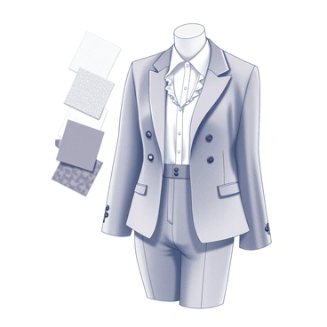 A mannequin displays a stylish outfit composed of a fitted blazer over a sleek blouse and tailored trousers. The blazer has a sharp collar and distinctive buttons, while the blouse features delicate ruffles along the neckline. Beside the mannequin, several fabric swatches are arranged neatly, showcasing various textures and patterns that complement the outfit. The swatches include a smooth silk, a textured wool, and a patterned cotton, all visually enhancing the fashion illustration.