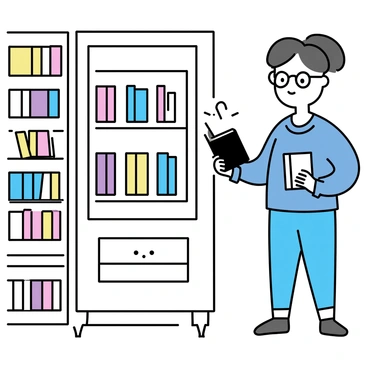 A vending machine situated inside a library, designed to dispense small books instead of snacks. The machine has a transparent front showcasing colorful book covers with titles clearly visible. It stands on a polished wooden floor, surrounded by bookshelves filled with various genres of books. Soft lighting illuminates the area, creating a cozy atmosphere. A person, wearing glasses and a sweater, is interacting with the vending machine, selecting a book with a focused expression.