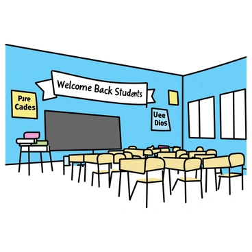 A classroom featuring light blue walls adorned with various colorful posters showcasing educational themes and inspiring quotes. A prominent "Welcome Back Students" banner hangs across the front of the room. There are wooden desks arranged in neat rows, each with a small stack of books and stationery items placed on top. Large windows allow natural light to fill the space, and a chalkboard is positioned at the front, ready for use.