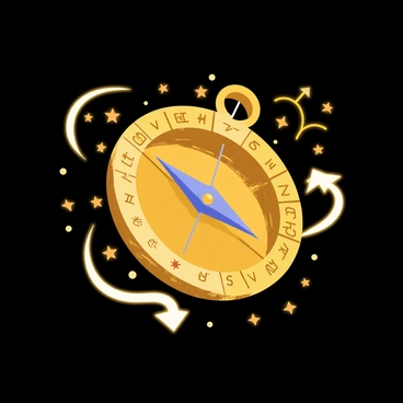 An ornate compass with a shiny brass finish is positioned at the center of the image. The compass face is detailed with intricate engravings and features a glass cover that reflects light. Celestial symbols, such as stars and constellations, are etched around the compass. The needle is spinning rapidly, leaving behind a glowing trail that forms patterns in the shape of celestial symbols. The background is dark, enhancing the luminosity of the glowing symbols and the compass.