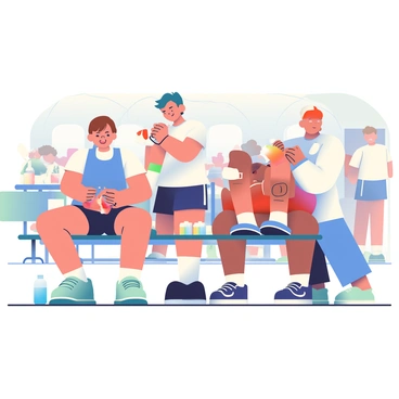 A group of medical staff in white uniforms is assisting tired runners inside a health tent at a marathon. One nurse with short brown hair is checking the blood pressure of a runner wearing a blue tank top and black shorts. The runner has sweat on their forehead and looks fatigued. Another medical staff member is applying ice packs to the knees of a runner dressed in a red shirt and running shoes. There are medical supplies like bandages and bottles of water on a table nearby. The interior of the tent is bright and filled with runners recovering from the race, some sitting on benches and others receiving treatment.