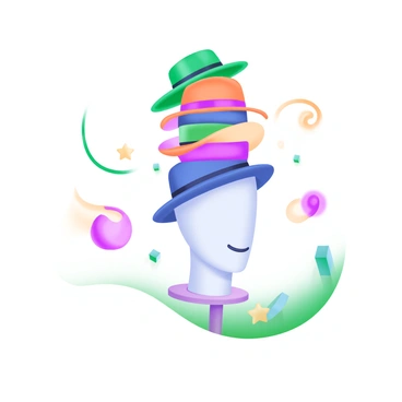 A whimsical stack of hats balanced on a mannequin head