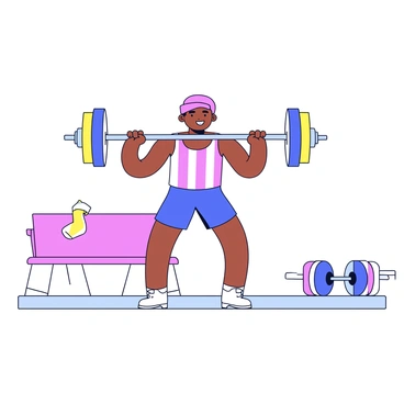 A 1950s athlete performing a barbell squat. The athlete has a muscular build and is wearing a sleeveless tank top with vertical stripes and shorts. The barbell is positioned across the athlete's shoulders, and they are in a low squat position, with their knees bent and feet firmly planted on the ground. The background features simple geometric shapes and lines that suggest a gym setting, with weights and a bench visible to the side. The color palette consists of muted pastels commonly associated with the 1950s.