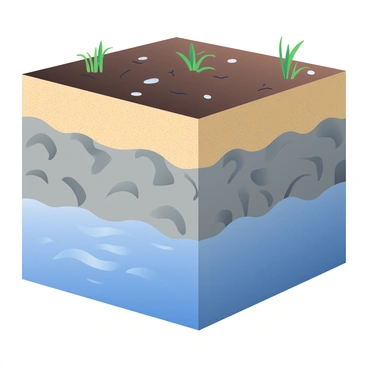 A cross-sectional view of an aquifer showing layers of soil, rock, and water